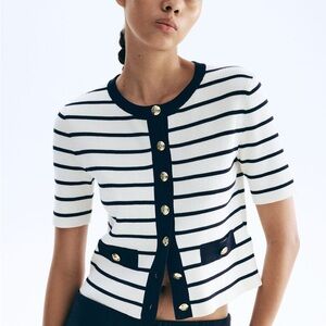 Striped Black and White Button-Up Short Sleeve Women's Cardigan Top Sz 3Xl